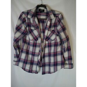 Confess Womens Plaid Flannel Button Down Shirt Navy Pink‎ White Size Medium